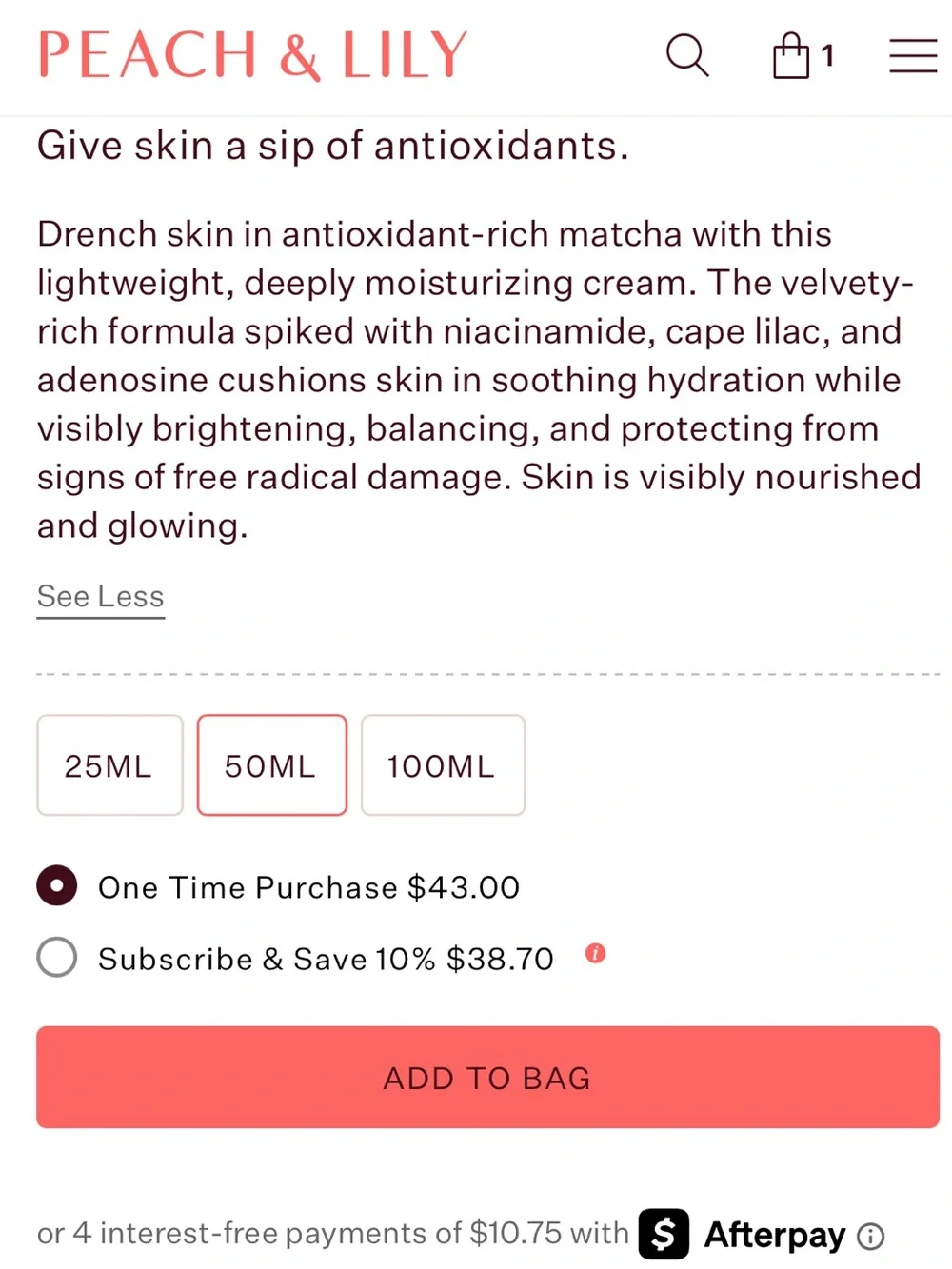 Peach & Lily Matcha Pudding Antioxidant Cream - White Jar with Coral Text